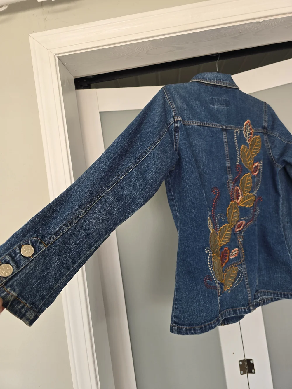 Embroidered Blue Denim Jacket with Fall Leaf Motif - Picture 4 of 17